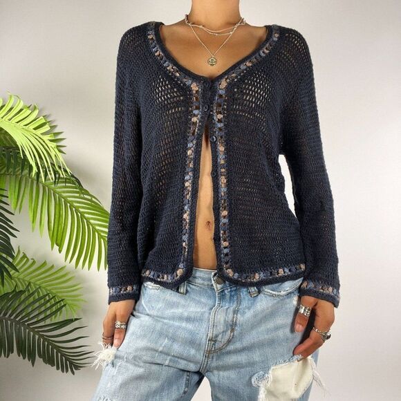 Norton McNaughton Sweaters - Vintage Y2K Blue Bohemian Fairy Grunge Knitted Beachy Coastal Chic Cardigan / M